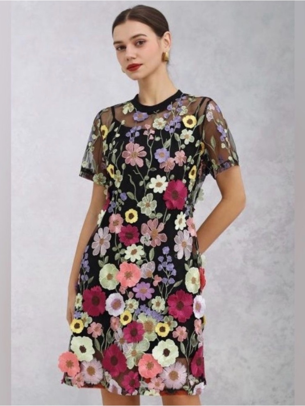 Endless Rose Floral Embroidered Black sheer embroidered Dress -